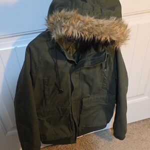 Members Only Men SZ M Fur Hood Winter Chore Green BOMBER Quilt Lined